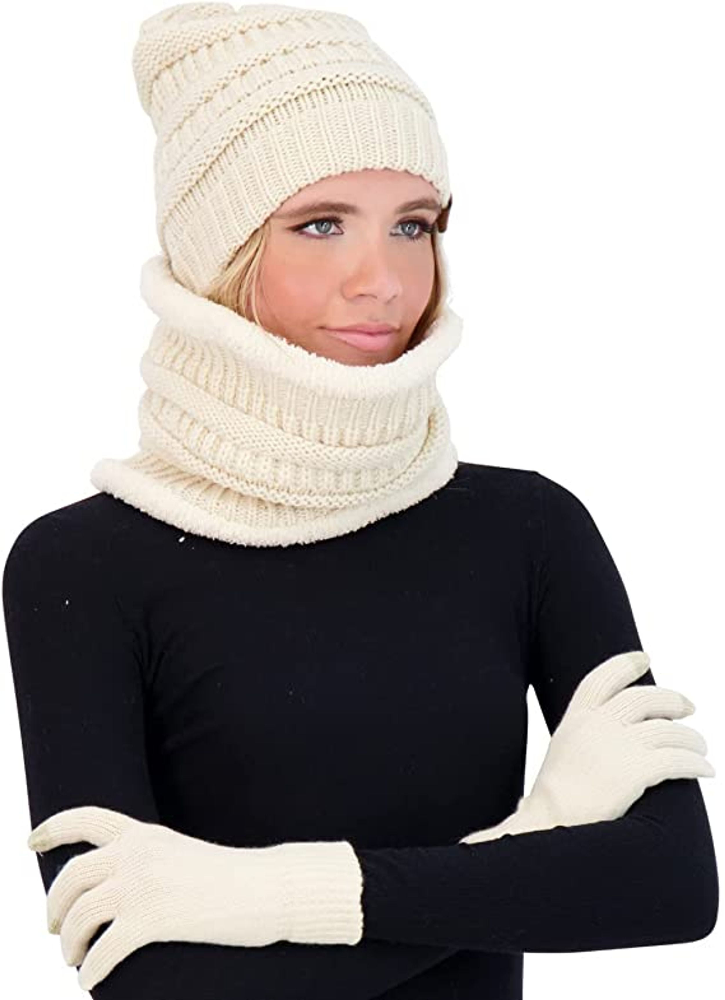 Women Beanie Scarf Gloves Headband Set, Chenille Winter Hats Fleece Lined Ear Warmer Knit Scarf Touchscreen Gloves 4 Gift Set
