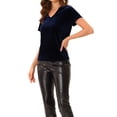 thumbnail image 4 of INSPIRE CHIC Women's Velvet Top V Neck Short Sleeve Casual T-Shirt XS Dark Blue, 4 of 7