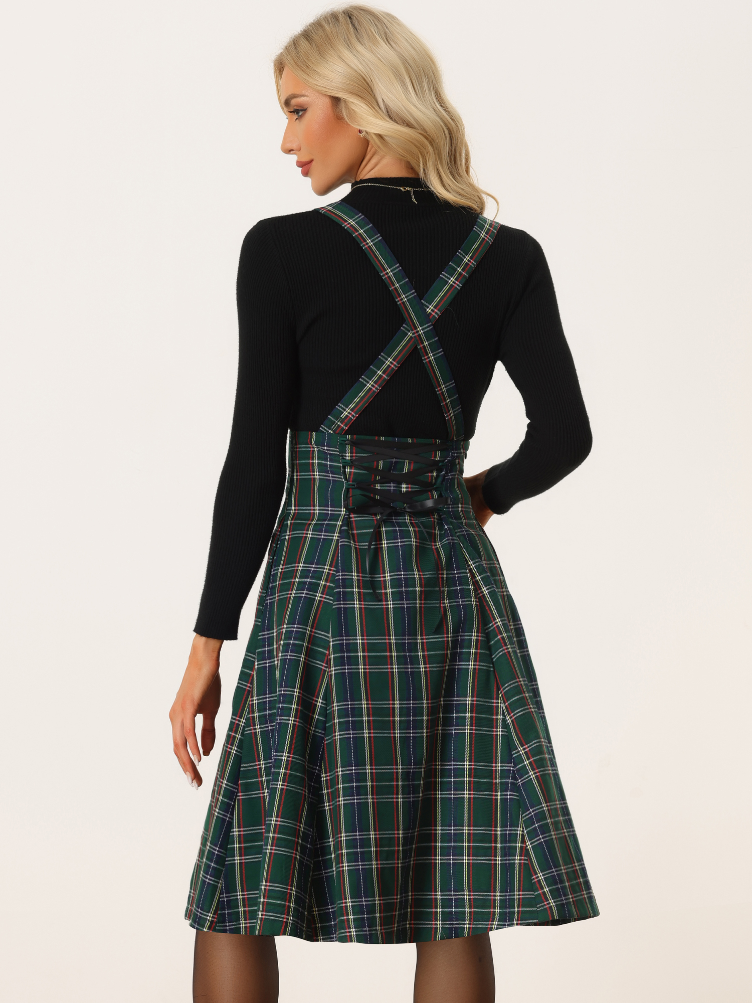 DARING DIVA Women's Tartan Pinafore Plaid Midi Suspender Skirt XL Green