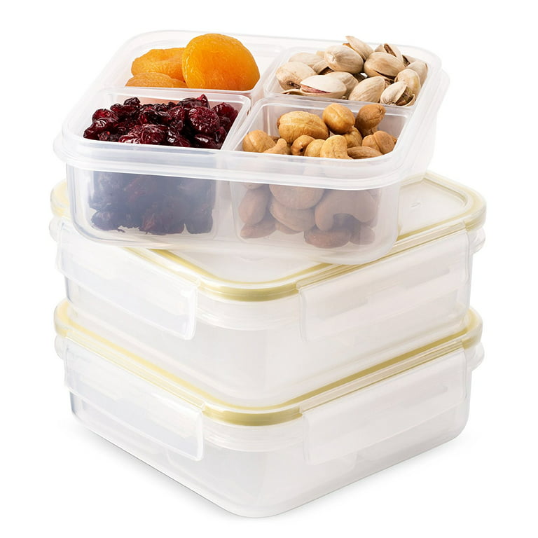 Komax Biokips Food Storage Lunch Container - Dividers With 4 Compartments  23oz. (set of 3) - Airtight, Leakproof With Locking Lids - BPA Free Plastic