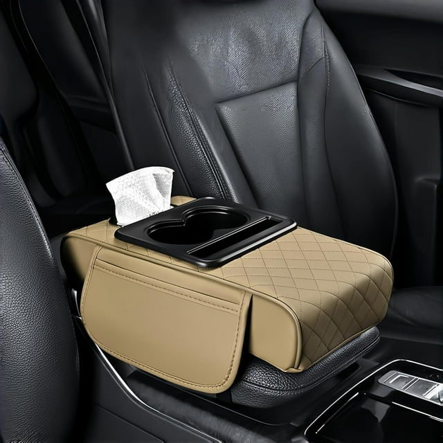 5-in-1 Multifunctional PU Leather Car Armrest Box Mat, Center Console Organizer with Cup Holder, Phone & Tissue Slots, Waterproof Elastic Pad for Most Vehicles