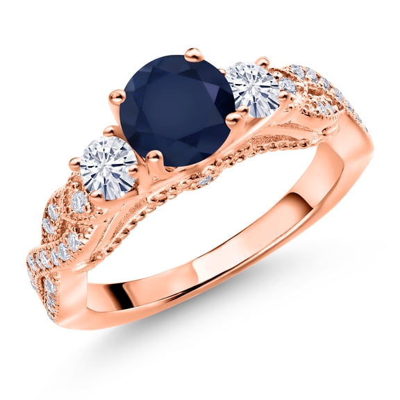 Gem Stone King 18K Rose Gold Plated Silver Blue Sapphire and White Moissanite Engagement Ring for Women (1.57 Cttw, Gemstone September Birthstone, Round 6MM and 3MM, Size 8)