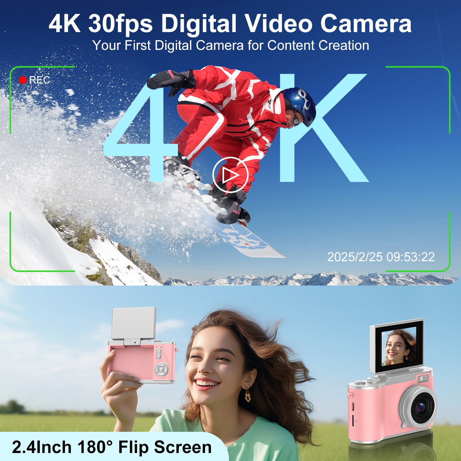 AndHot Digital Camera Kids Camera FHD 1080P 48MP Vlogging Camera with 180°Flip Screen 16X Zoom,Portable Digital Video Cameras Travel Compact Camera Autofocus with 32GB Card for Home or Travel(Pink)
