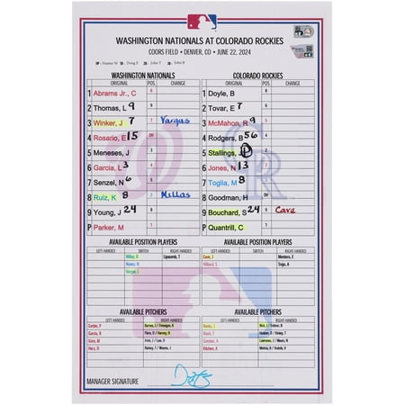 Washington Nationals Game-Used Lineup Card vs. Colorado Rockies on June 22 2024 – Fanatics Authentic Certified