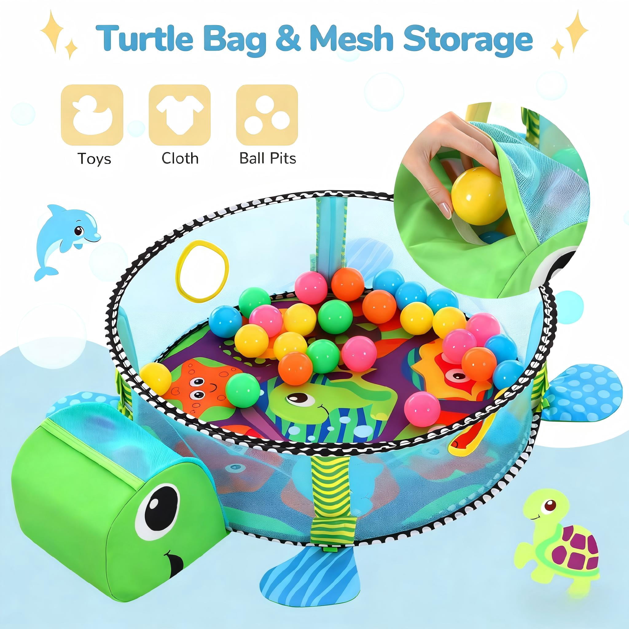 Cochildor Baby Play Gym Mat, 4 in 1 Turtle Tummy Time Activity Mat for Babies, with 30 Balls & 4 Detachable Sound Toys, Newborn Gift for Toddler Infants Age 0-36 Months