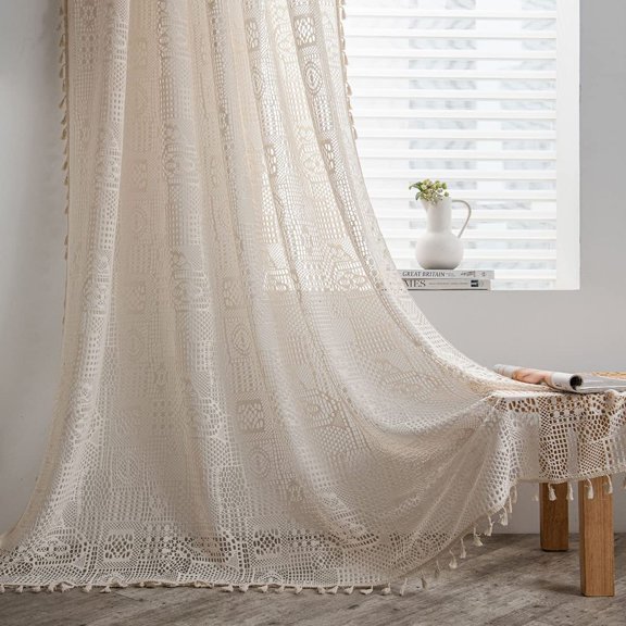 Crochet Lace Window Curtain Panel with Tassels Semi Sheer Hollow Curtains for Bedroom Living Room, 1 Pane Rod Pocketl