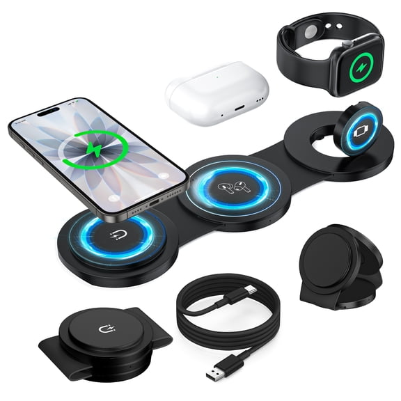 Magnetic Wireless Charger, 3 in 1 Charging Station for Apple Devices, 18W Foldable Wireless Charger Stand for iPhone 16 15 14 13 12 Pro/Pro Max, AirPods 2/3/Pro, iWatch Ultra/9/8/7/SE/6/5/4/3, Black
