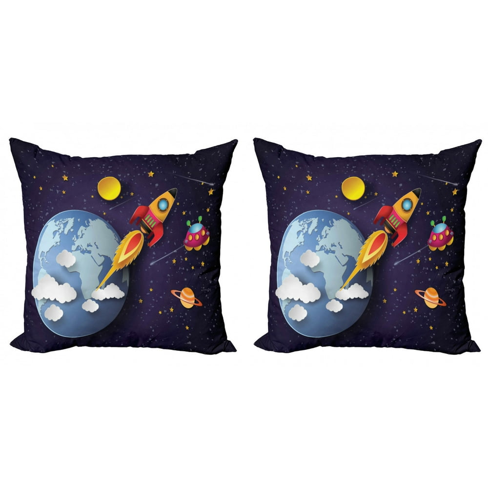 Outer Space Throw Pillow Cushion Cover Pack of 2, Rocket on Planetary ...