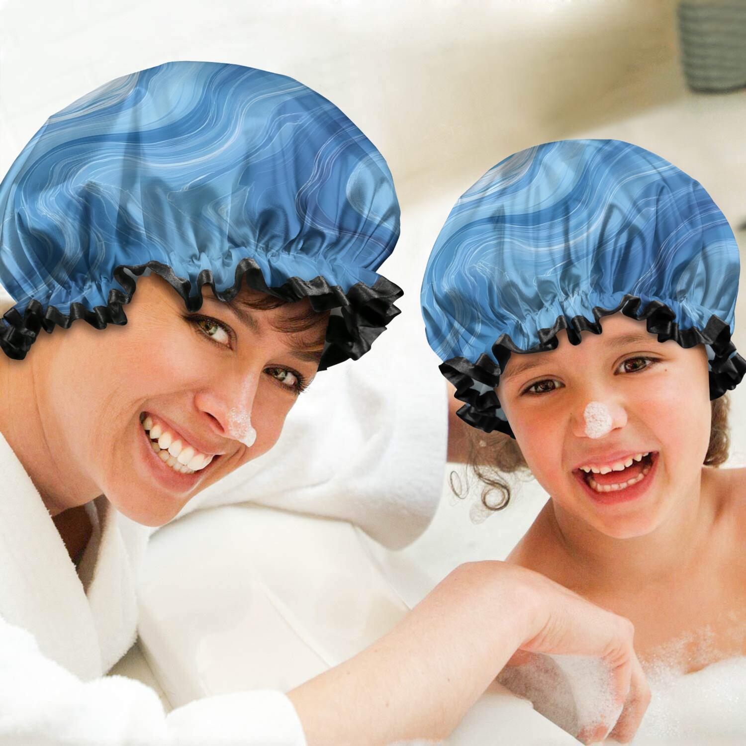 Shower Caps,Blue White Tie Dye Swirl Pattern Waterproof Shower Cap for Women 4 Pieces,Double Reusable Hair Cover for Shower PEVA Elastic Stretch Hem
