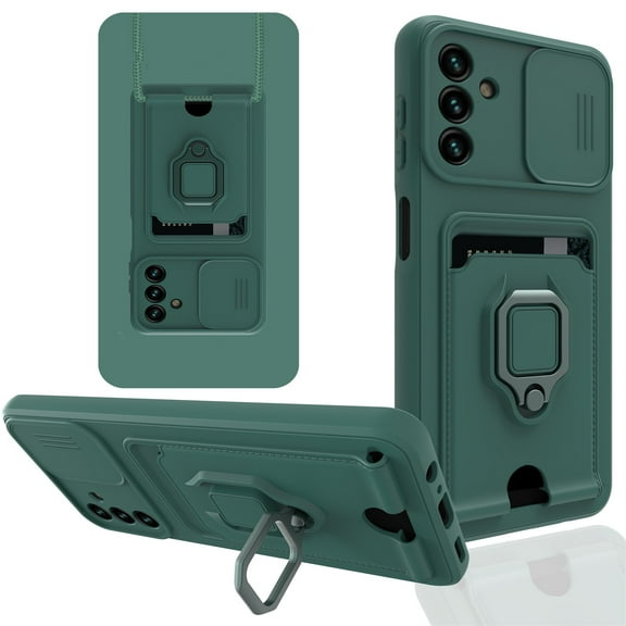 SaniMore For Samsung Galaxy A13 5G Case with Crossbody Strap & Card Holder Ring Kickstand Liquid Silicone Shockproof Slide Lens Camera Protective Magnetic Case for Galaxy A13 5G 6.5", Darkgreen