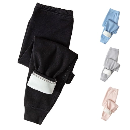 AWZXDE Boys Spring Fall Pants Lined Thermal Leggings Elastic Waist Soft Base Layer Trousers For Cold Weather Black - 13-14 Years