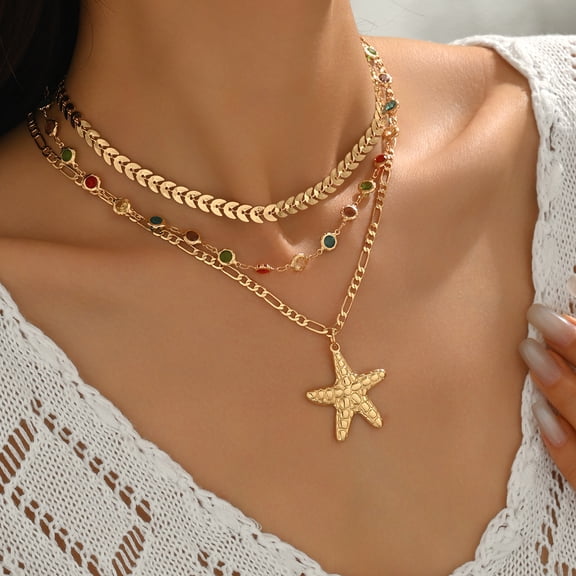 NICKSUN Starfish Necklace for Women,14k Gold Plated Layered Starfish Pendant Charm Necklace,Non Tarnish Adjustable Stainless Steel Chain Stack Jewerly for Summer Beach Vacation