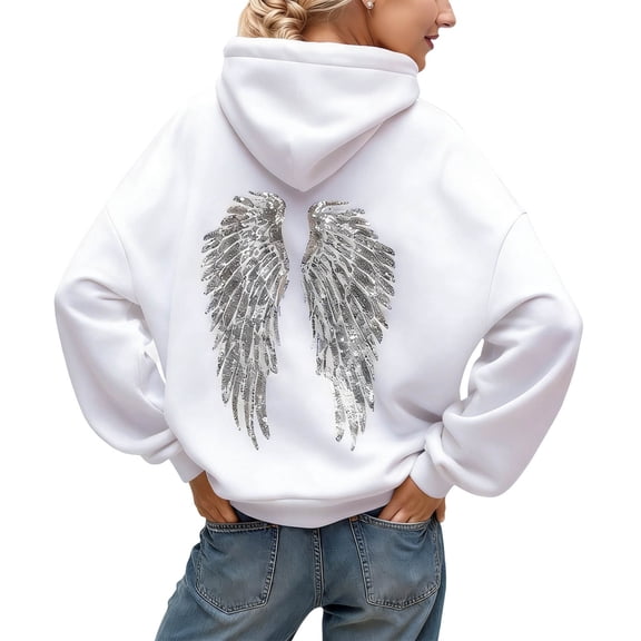 Bibifish Womens Hoodies Fall Sequin Angel Wing Back Graphic Hooded Sweatshirts Oversized Drop Shoulder Pullover Tops
