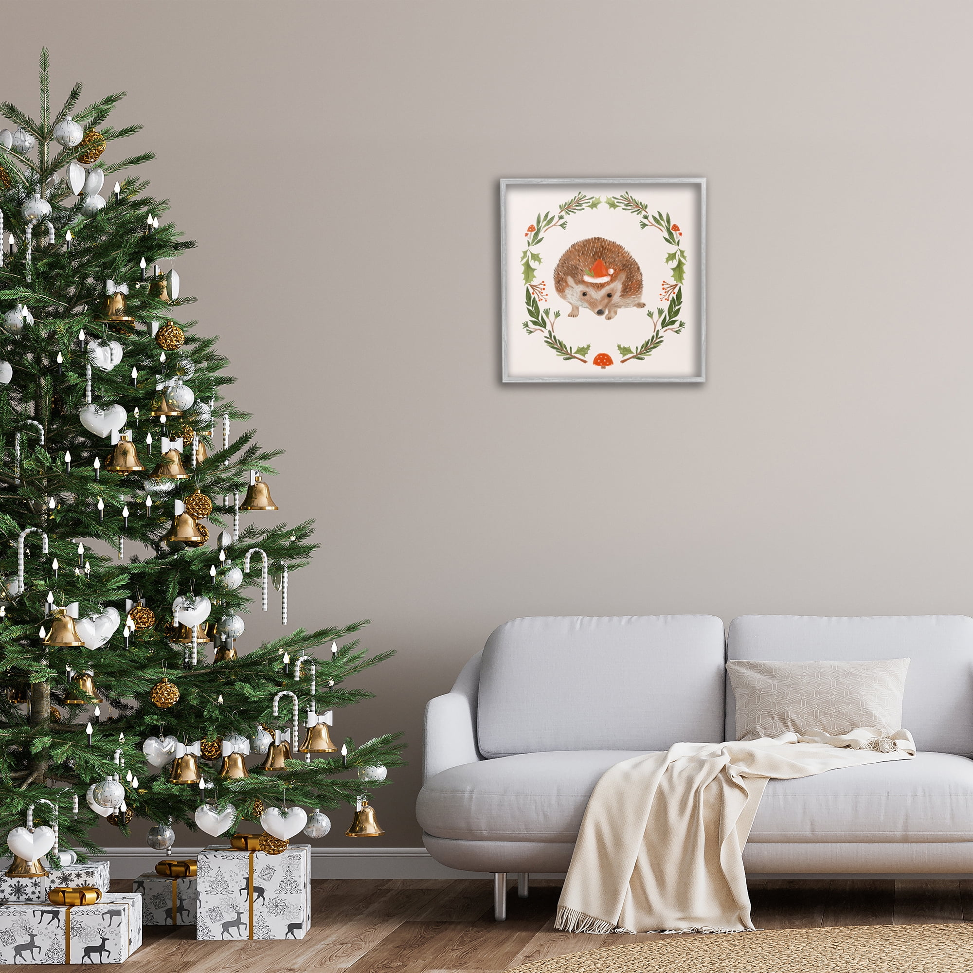 Stupell Industries Holiday Hedgehog Wreaf Holiday Painting Gray Framed Art Prints Wall Art, 24 x 24