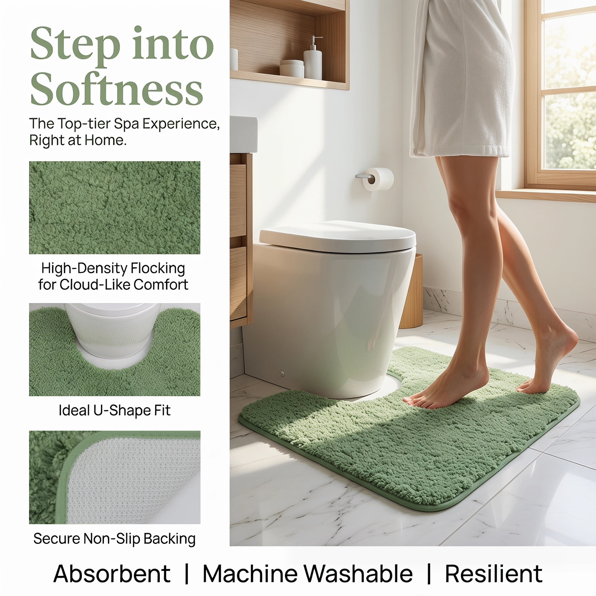 Unique Bargains U-Shaped Absorbent Non Slip Washable Plush Bath Mat Green 20" x 20"