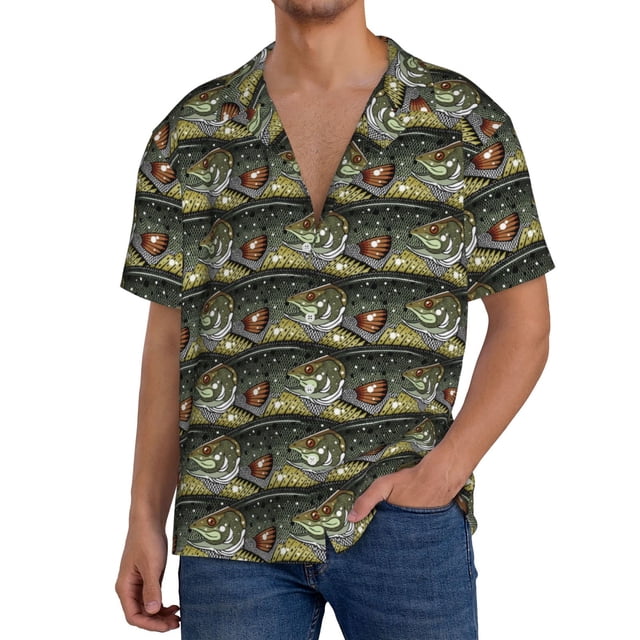 Fotbe Largemouth Bass Fish Camisa Estampada de Manga Corta para Hombre, Casual de Verano, Estilo Playero, Sin Arrugas-X-Large