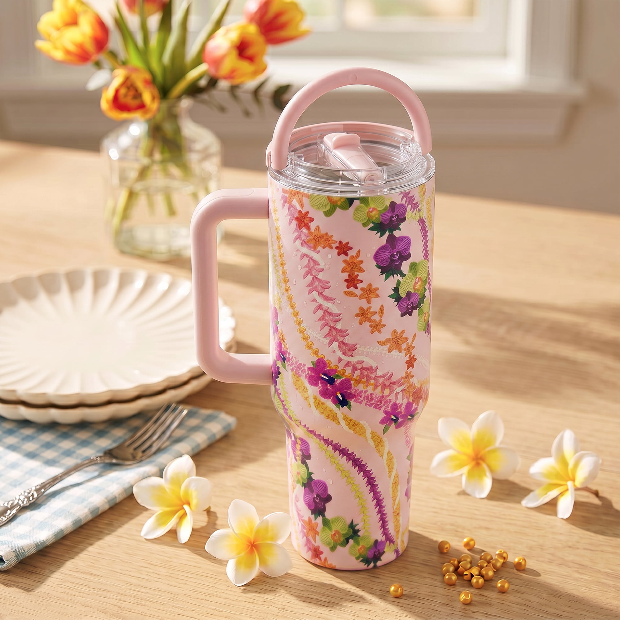 Island Crew 40 oz Light Pink Floral Lei Stainless Steel Tumbler with Handle