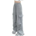 thumbnail image 3 of Plus Size Cargo Pants Women Straight Wide Leg Solid Color Drawstring Elastic Waist Fall Winter Casual Loose Sweatpants with Pockets,Gray,XL, 3 of 3