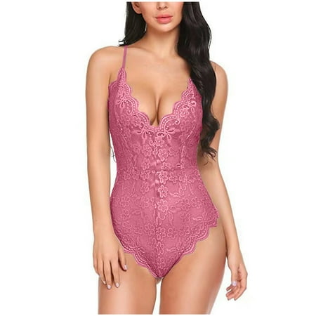 Odeerbi Women s Lingerie Bodysuit Set 2025 Valentine s Day Sexy Sexy Lingerie Lace Pajamas Pink