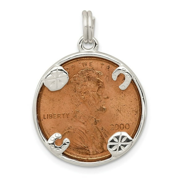 Diamond2Deal 925 Sterling Silver Rhodium-Plated Penny Charm Pendant for Men(L- 1.11 in, W-0.83 in)