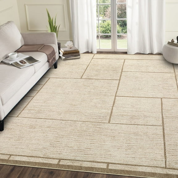 Garvee 8'x10' Modern Geometric Area Rug Solid Rug Living Room Rug, Washable Rug Non-Slip Low Pile Indoor Carpet for Bedroom Dining Room, Beige