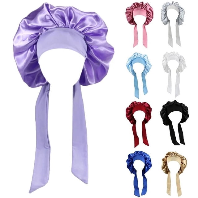 Women Silk Bonnet Wide Band Satin Sleeping Cap For Long Curly Hair Adjustable Shower Cap Soft Sleeping Hat Night Cap With Elastic Ribbon
