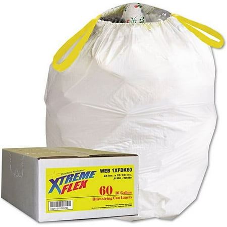 Xtremeflex White Drawstring Can Liners, 13 gal, 60 ct