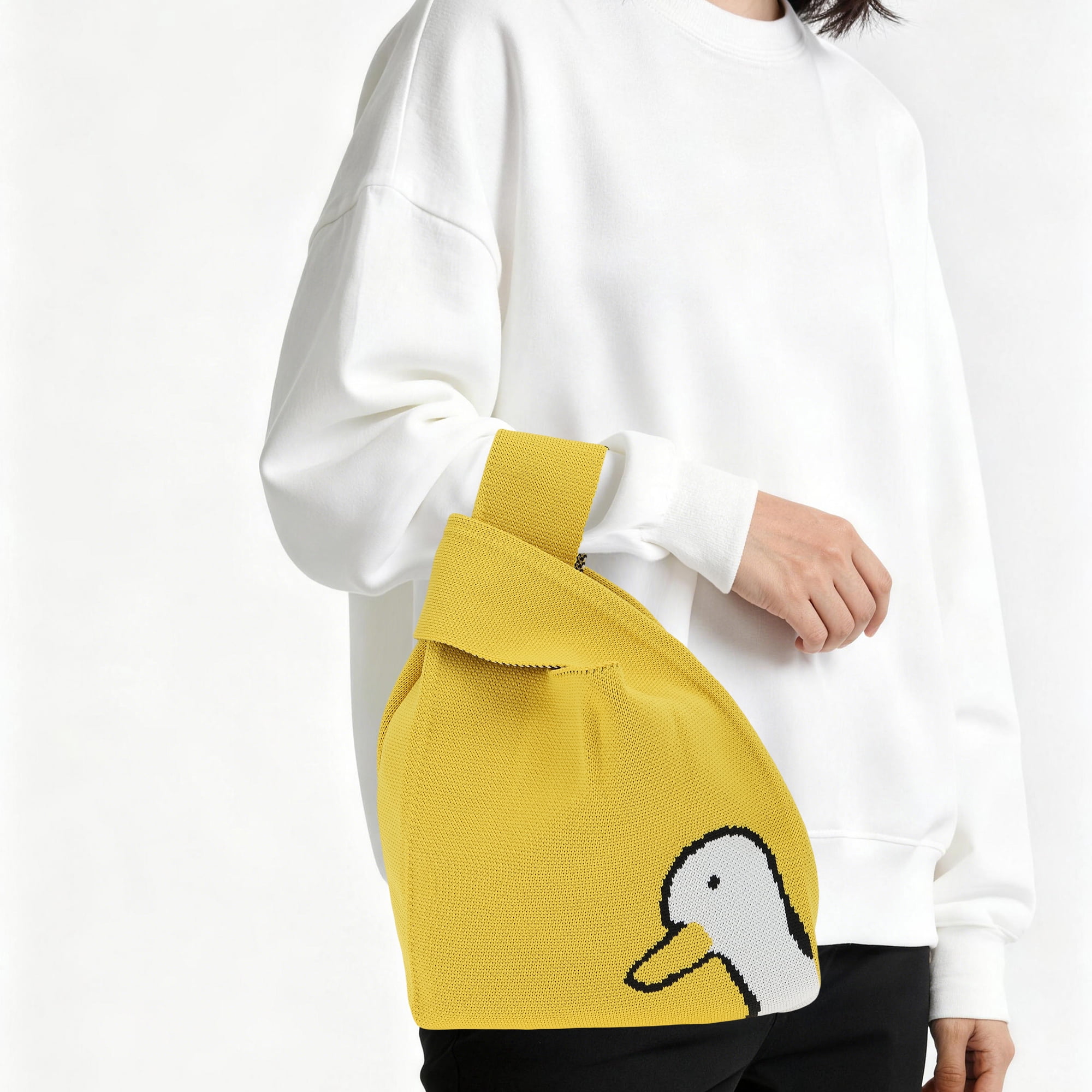 Unique Bargains Stylish Animal Pattern Knitted Wrist Bag for Everyday Use Yellow, White
