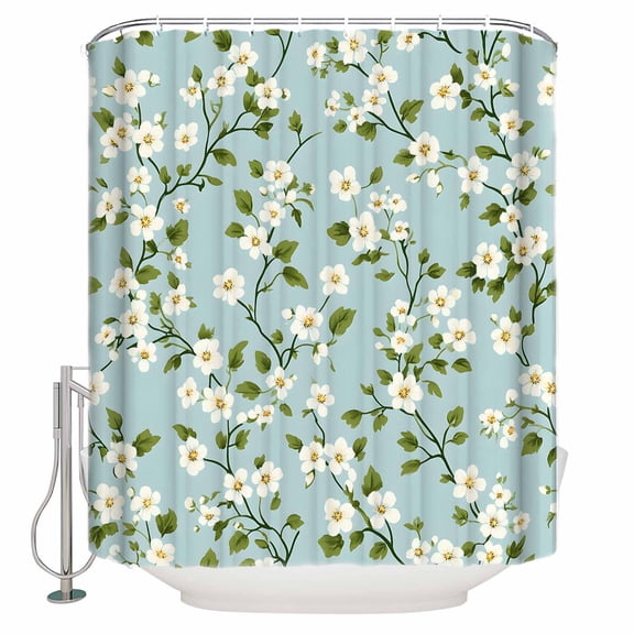 Shower Curtain Bathroom Set Pastoral Watercolor Flowers Leaves Waterproof Fabric Shower Curtains with Grommets&Hooks Floral on Blue Background Privacy Bath Curtain for Bathtub 36x72in