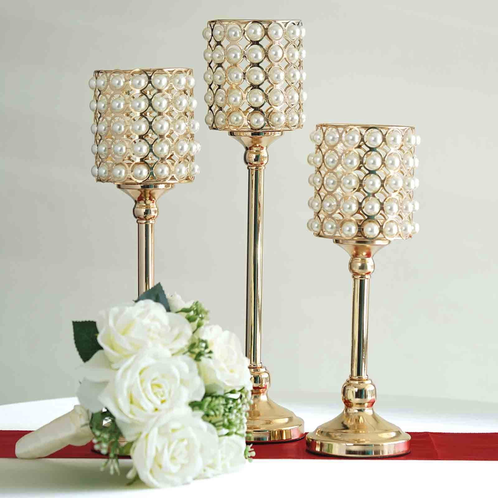 Efavormart Pearl Beaded Metallic Candle Votive Holder Wedding