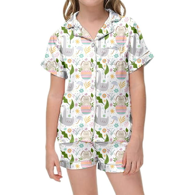 Pyjamas pour Enfants Filles Ensemble de Pyjama en Satin Imprimé Floral Lapin de Pâques Blanc 2-3 Ans