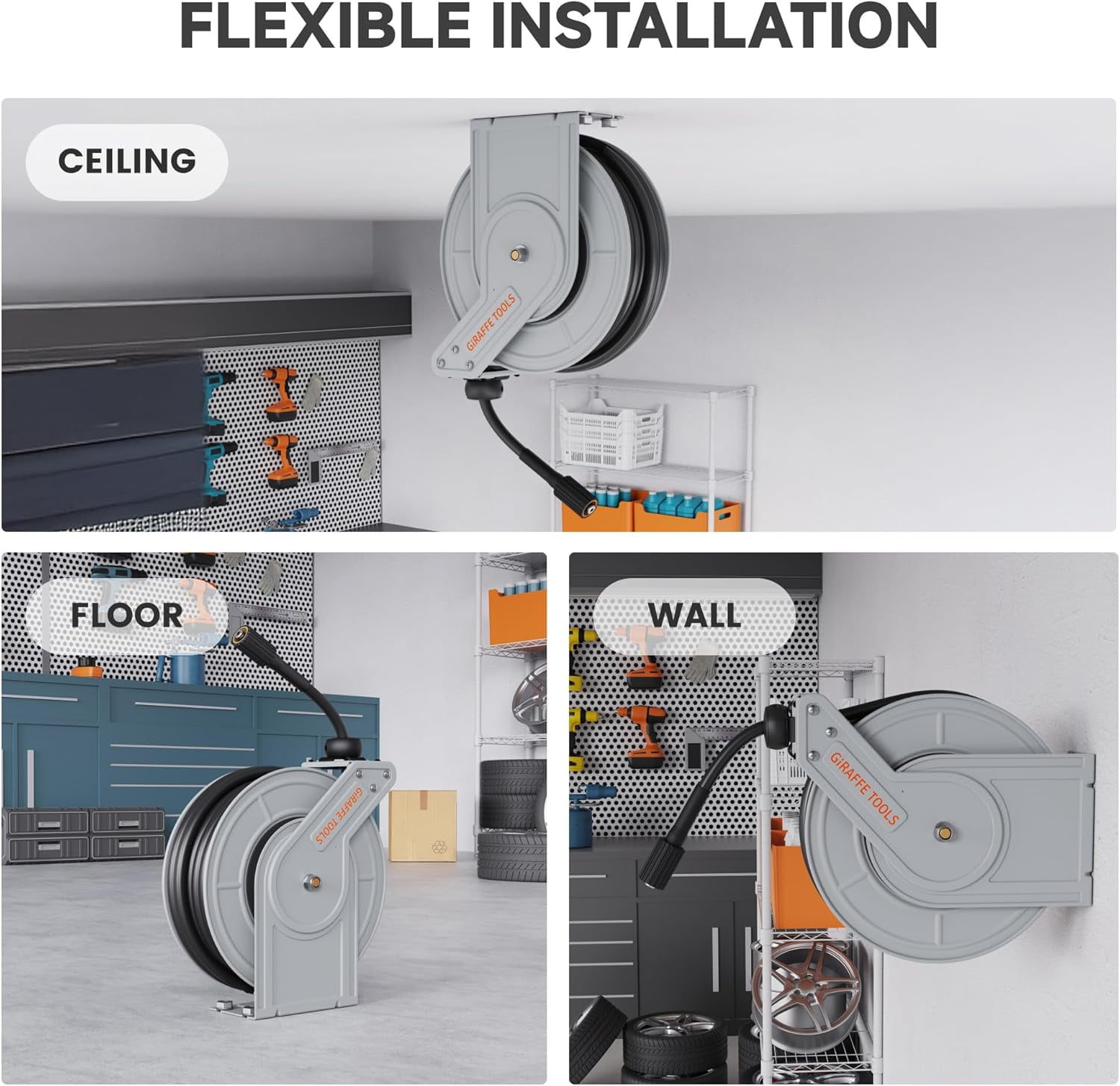 Giraffe Tools Retractable Power Pressure Washer Hose Reel 1/4" x 65 ft, 3200PSI, Wall/Floor Mounted