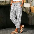 thumbnail image 2 of Women Cotton Linen Pants Casual Drawstring Elastic Waist Pant Loose Wide Leg Button Trousers With Pockets, 2 of 9