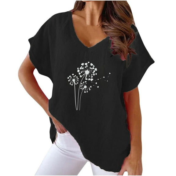 WREESH Women's V-Neck Cotton Linen T-Shirt Casual Short Sleeve Top with Graphic Print Black