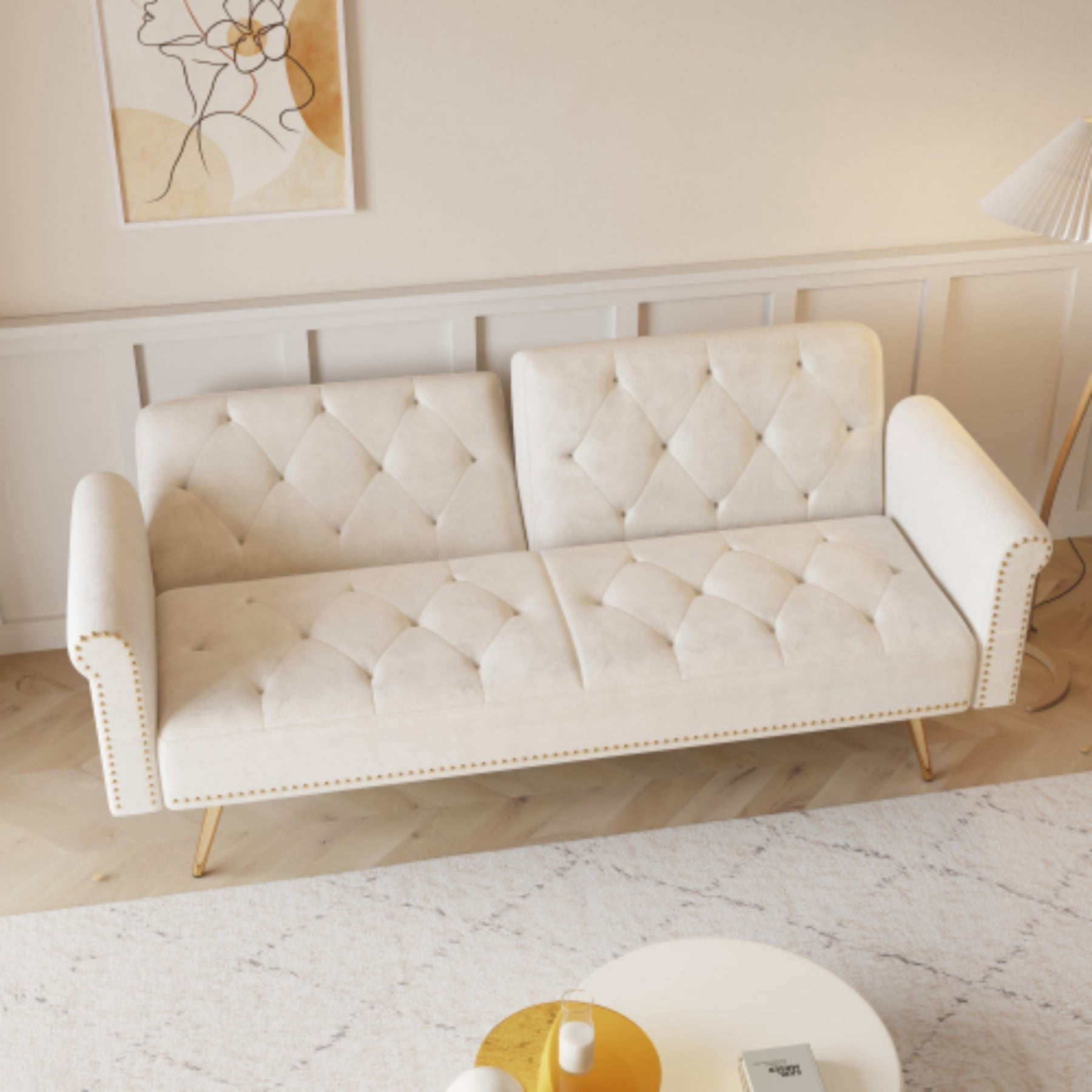Velvet Sofa Bed, 69.7" Convertible Sleeper Sofa with Nailhead Trim & Pillow for Living Room Bedroom, Beige