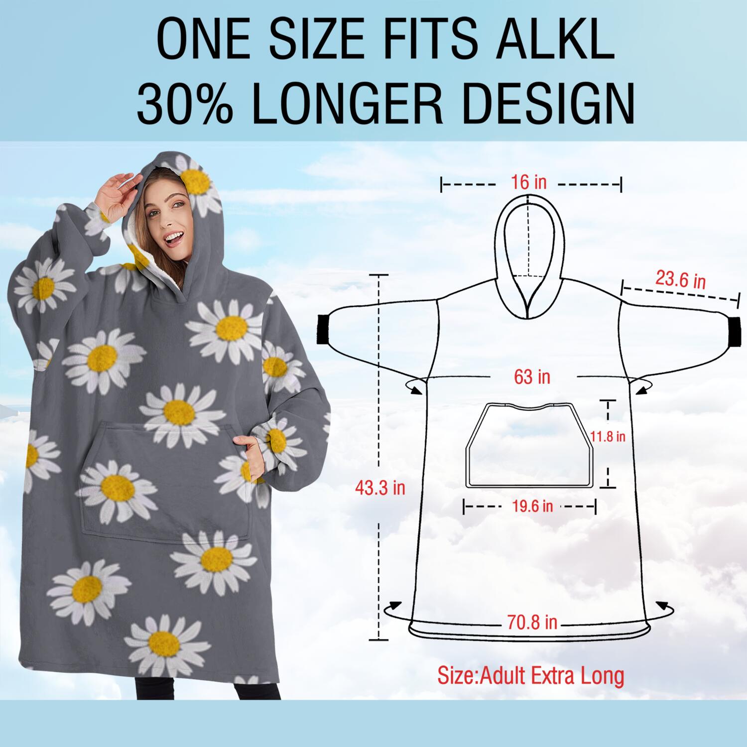 Oversized Wearable Blanket Hoodie,Gray White Flower Pattern Sherpa Blanket Hoodie with Super Pockets,Super Warm Fuzzy Pullover for Women & Men