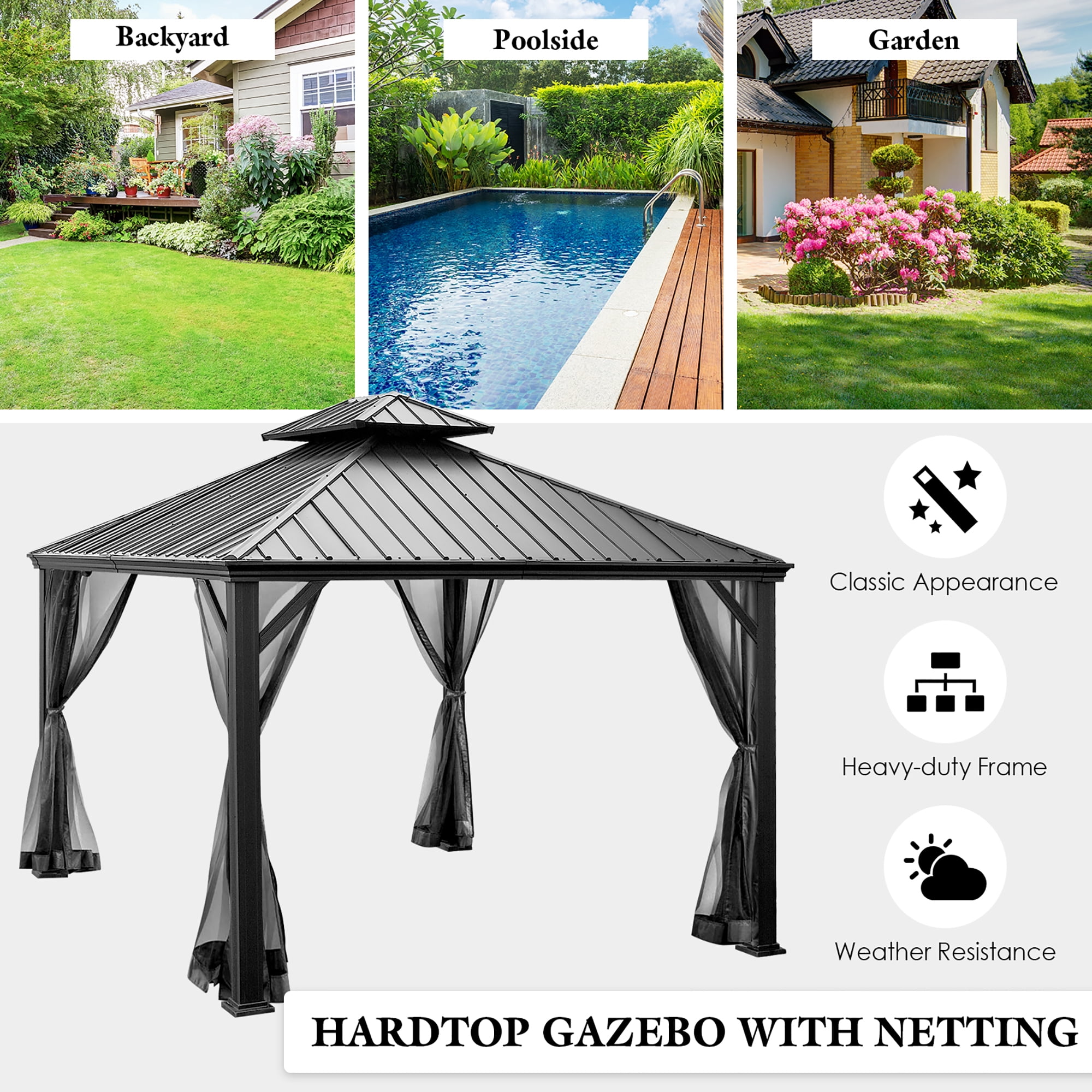 Costway 12ft x  10ft Hardtop Gazebo 2-tier Outdoor Galvanized Steel Canopy Grey