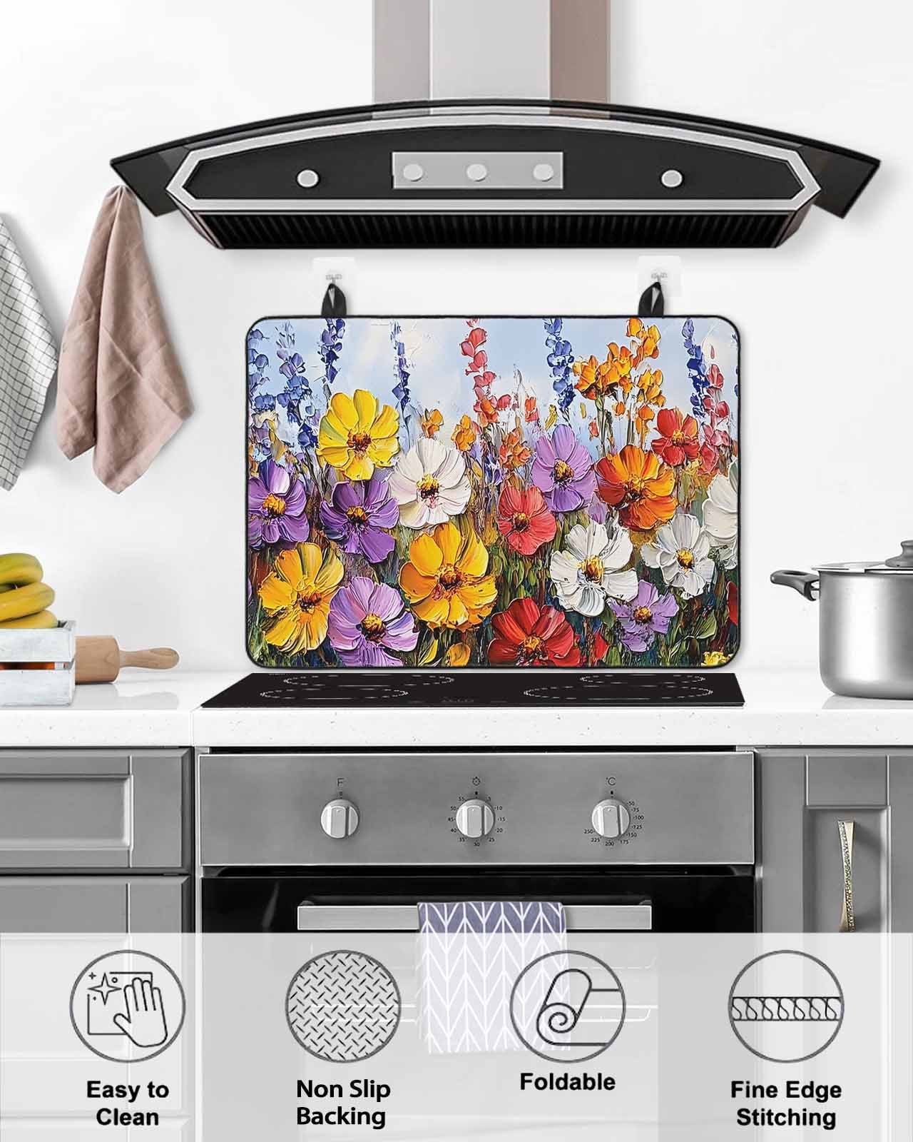 nqOlkjepod Large Induction Cooktop Protector Mat 36"x21", Vintage Wildflowers Stove Top Covers for Electric Stove, Rustic Oil Painted Abstract Botanical Stove Burner Cover Mats Stove Cover