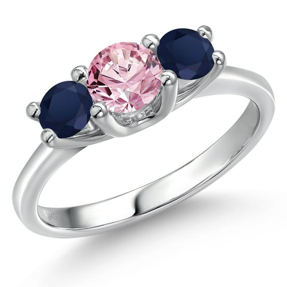 Gem Stone King 14K White Gold Pink Lab Grown Diamond & Blue Sapphire 3-Stone Engagement Ring | 1.20 Cttw | Round 5MM and 4MM | Three Stone Wedding Anniversary Promise Ring for Women (Size 5)