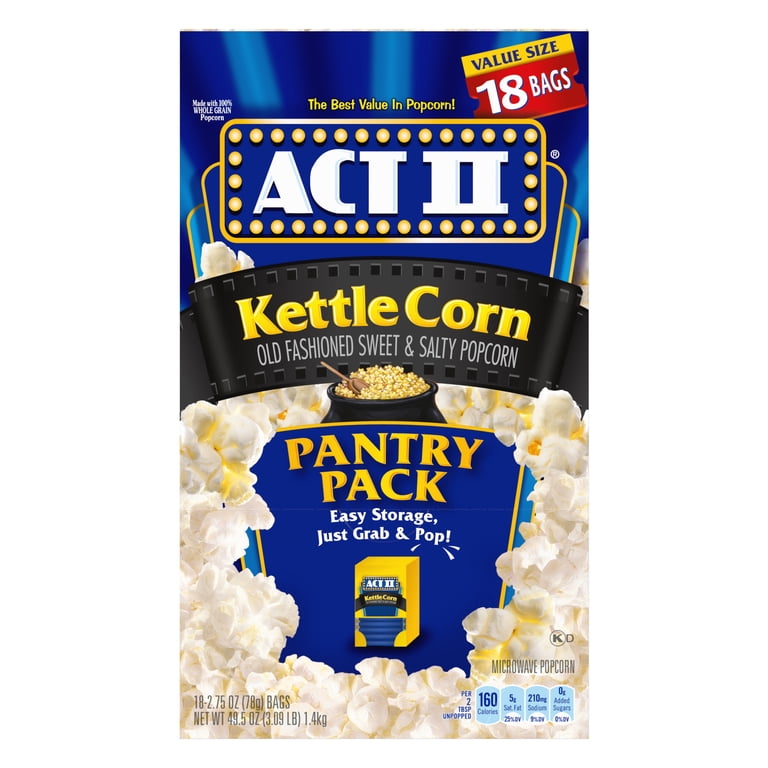 Act II 100% Whole Grain Kettle Corn Microwave Popcorn, 2.75 oz, 18