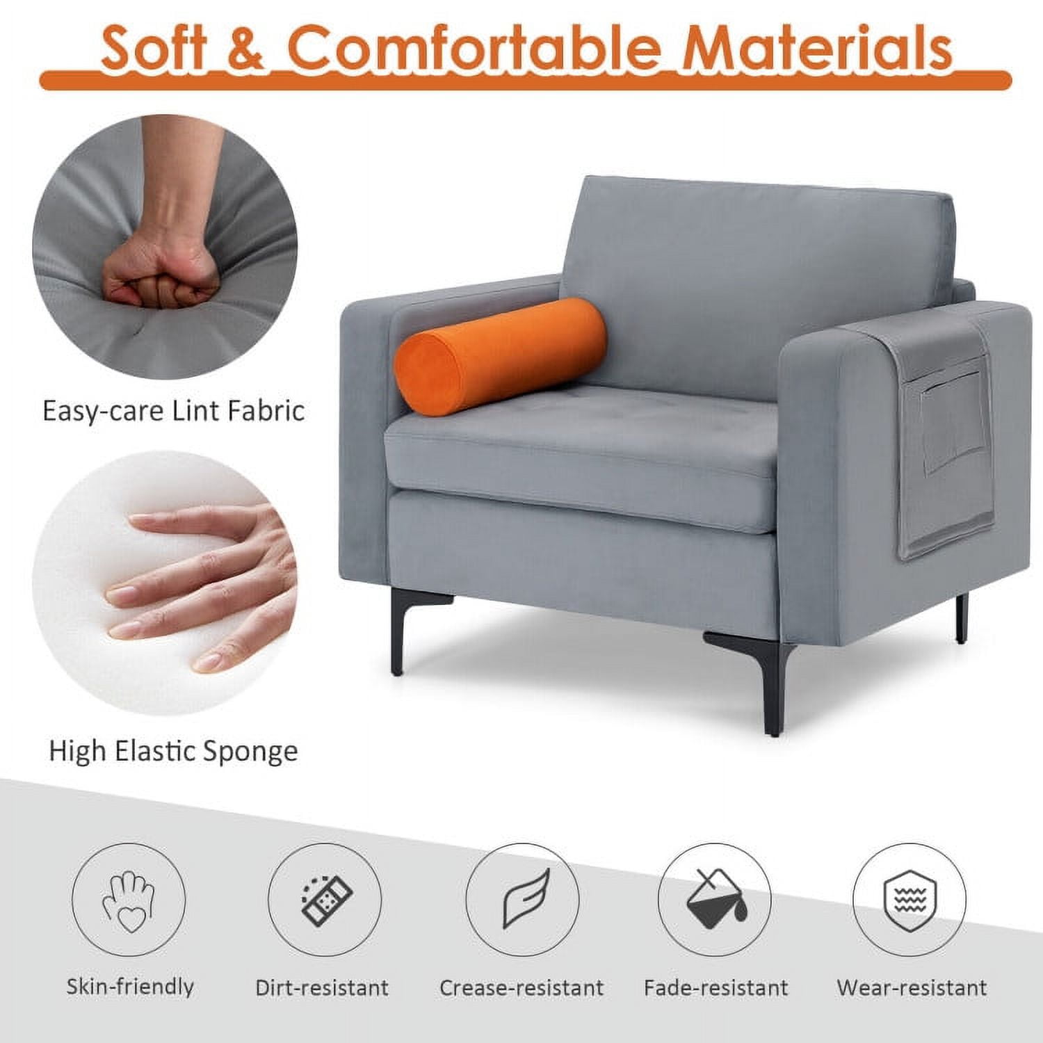Finihen Upholstered Accent Sofa Chair, Modern Single Sofa with Cushion Bolster and Side Storage Pocket, for Living Room, Bedroom, Light Gray