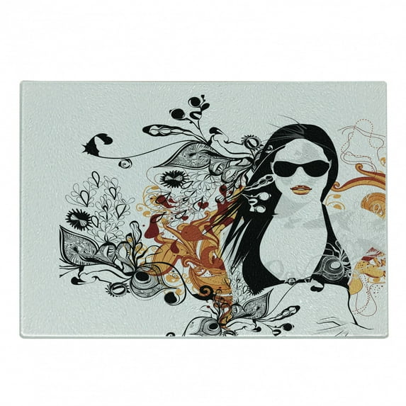 Feminine Cutting Board, Party Girl Glasses with Flowers Blossoms Ornamental Patterns Background Image, Decorative Tempered Glass Cutting and Serving Board, Small Size, Orange Black, by Ambesonne
