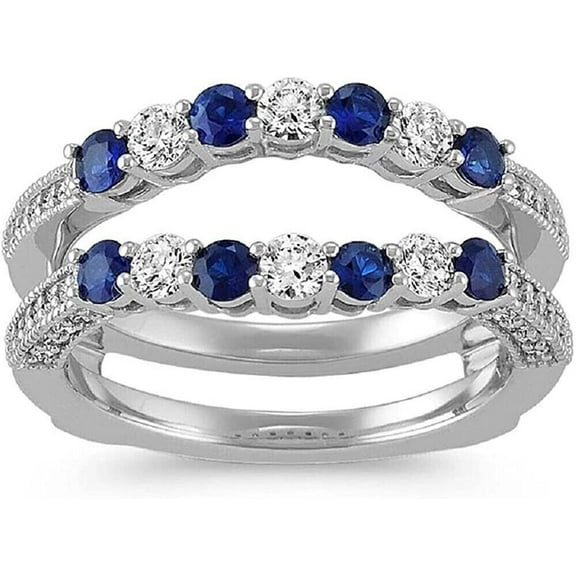 beryl_creation 925 Sterling Silver 1.80 Ct Round Cut Blue Sapphire & Diamond For Women's Wedding Engagement Enhancer Guard Wrap Ring 14K White Gold Plated -8