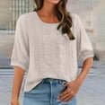 thumbnail image 6 of felwors 2025 Summer Women's Lightweight Linen Gauze Blouses - Embroidered Crew Neck 3/4 Sleeve Boho Loose Tunics Khaki, XXXL, 6 of 7