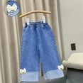 thumbnail image 2 of Girls Wide Leg Jeans Kids to Kids Blue Denim Elastic Waist Cropped Pants with Floral Bow Applique Soft Stretchy Play Pants,Size 3-4 T, 2 of 5
