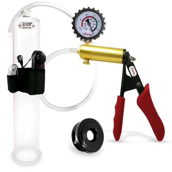 LeLuv Ultima Penis Pump, Brass w/ Red Handle, Silicone Grip, Clear Hose Protected Gauge | TPR Seal | 12" x 2.125" Vibrating Cylinder