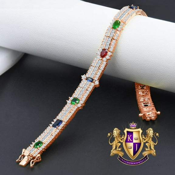 14k Rose Gold Over Real Sterling Silver 10 Cwt. Rainbow Multi Round /Princess Cut Diamond Unisex Tennis Bracelet