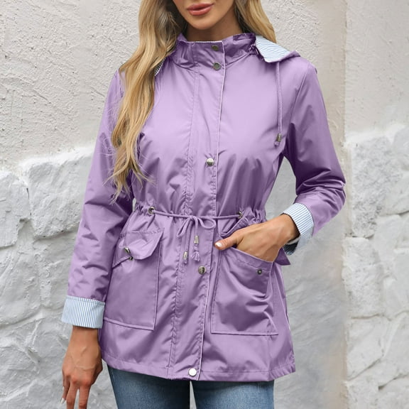 CQONEPT Rain Jacket for Womens Waterproof Windproof Peacoat Coats Softshell Drawstring Button Outerwear with Pockets Purple L