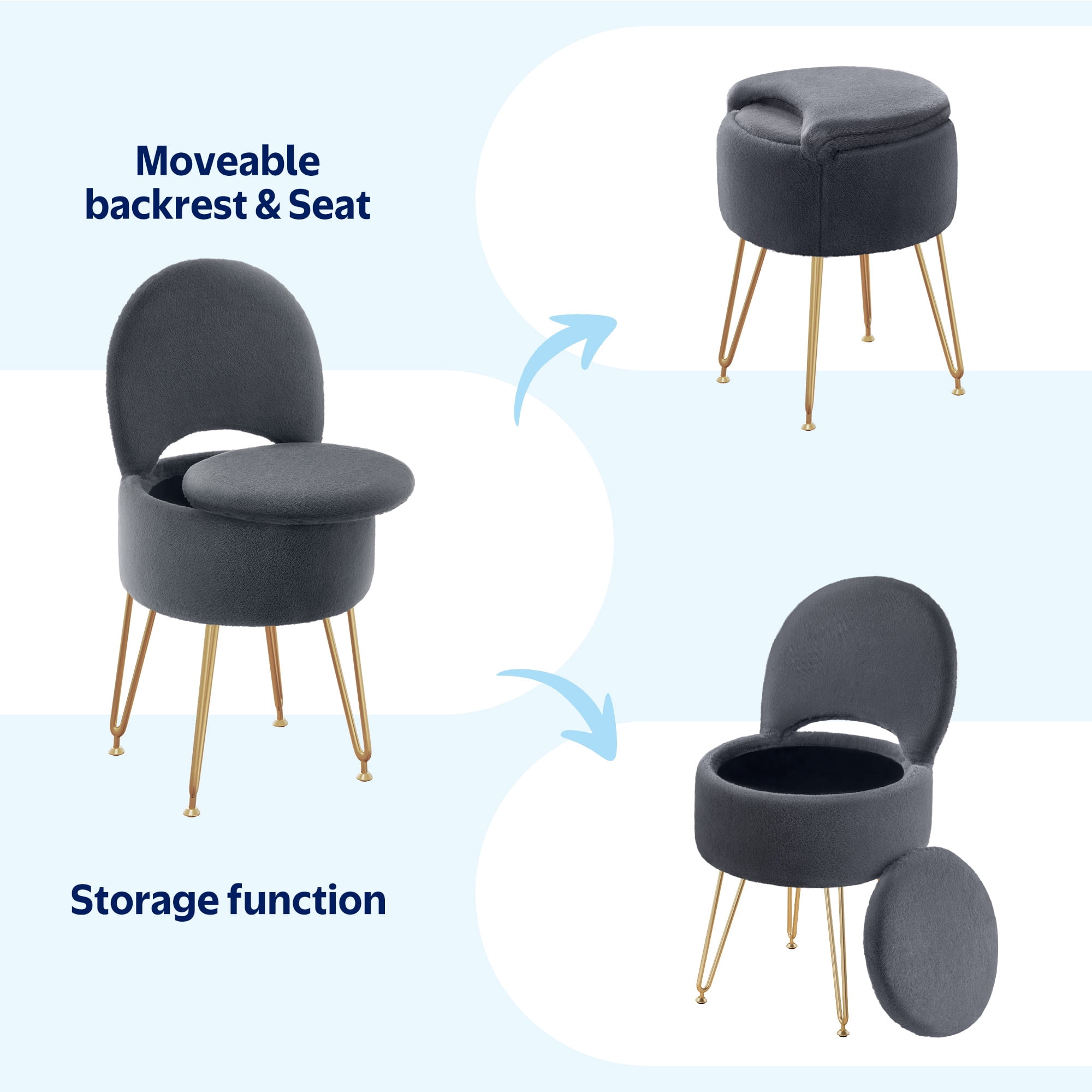 Greenstell Round Storage Ottoman, 15.7”L x 15.7”W x 19.5”H Upholstered Vanity Faux Fur Chair with Lumbar Support, Small Foot Stools Coffee Table Padded Seat for Makeup Room (Gray)