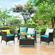 Costway 4PCS Outdoor Patio PE Rattan Wicker Table Shelf Sofa Furniture Set With Cushion